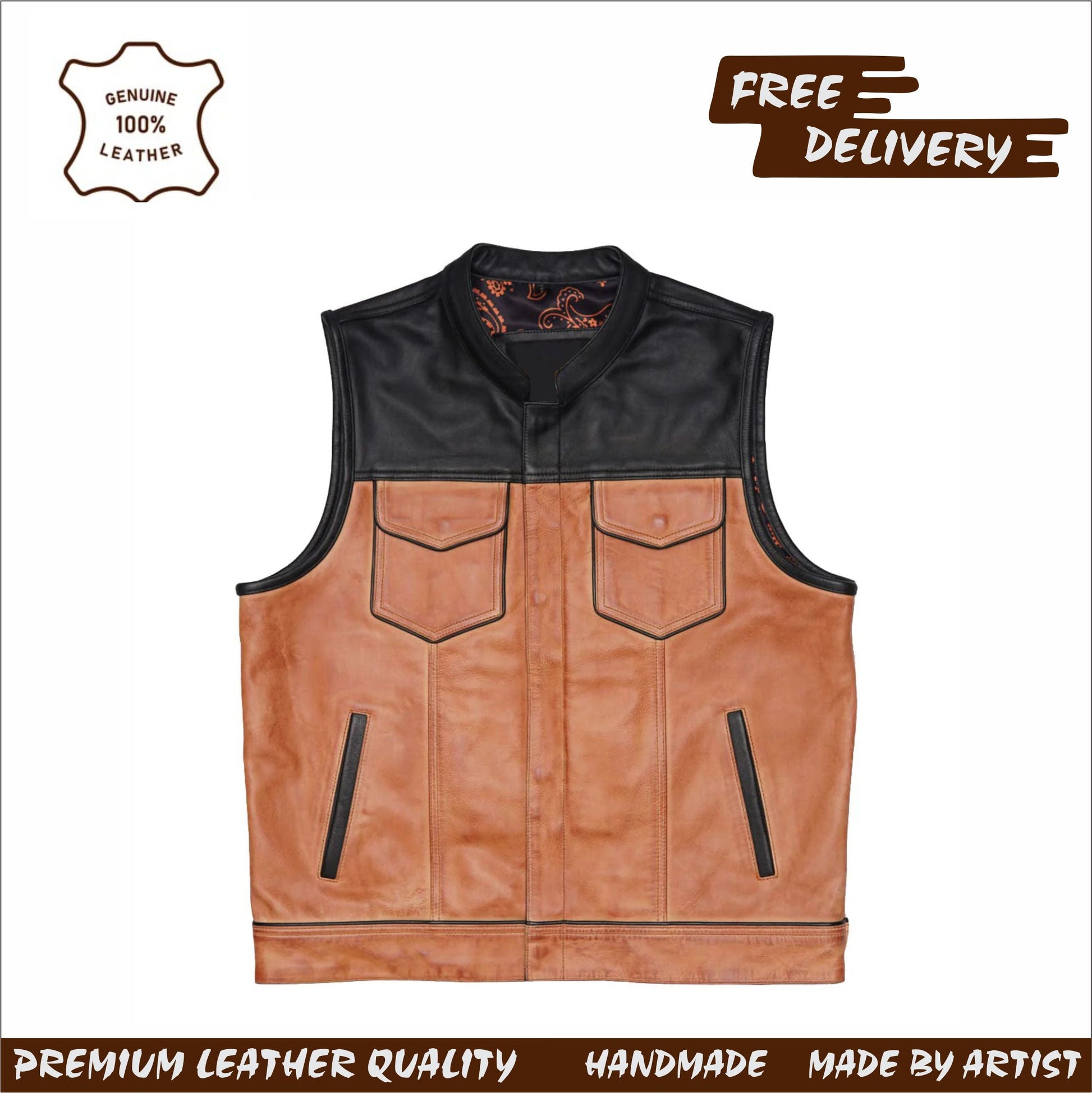 Dual Tone Black and Camel Biker Leather Vest Leathers Crafted