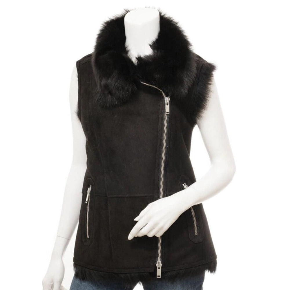 Women's Black Toscana Shearling Leather Vest Leathers Crafted