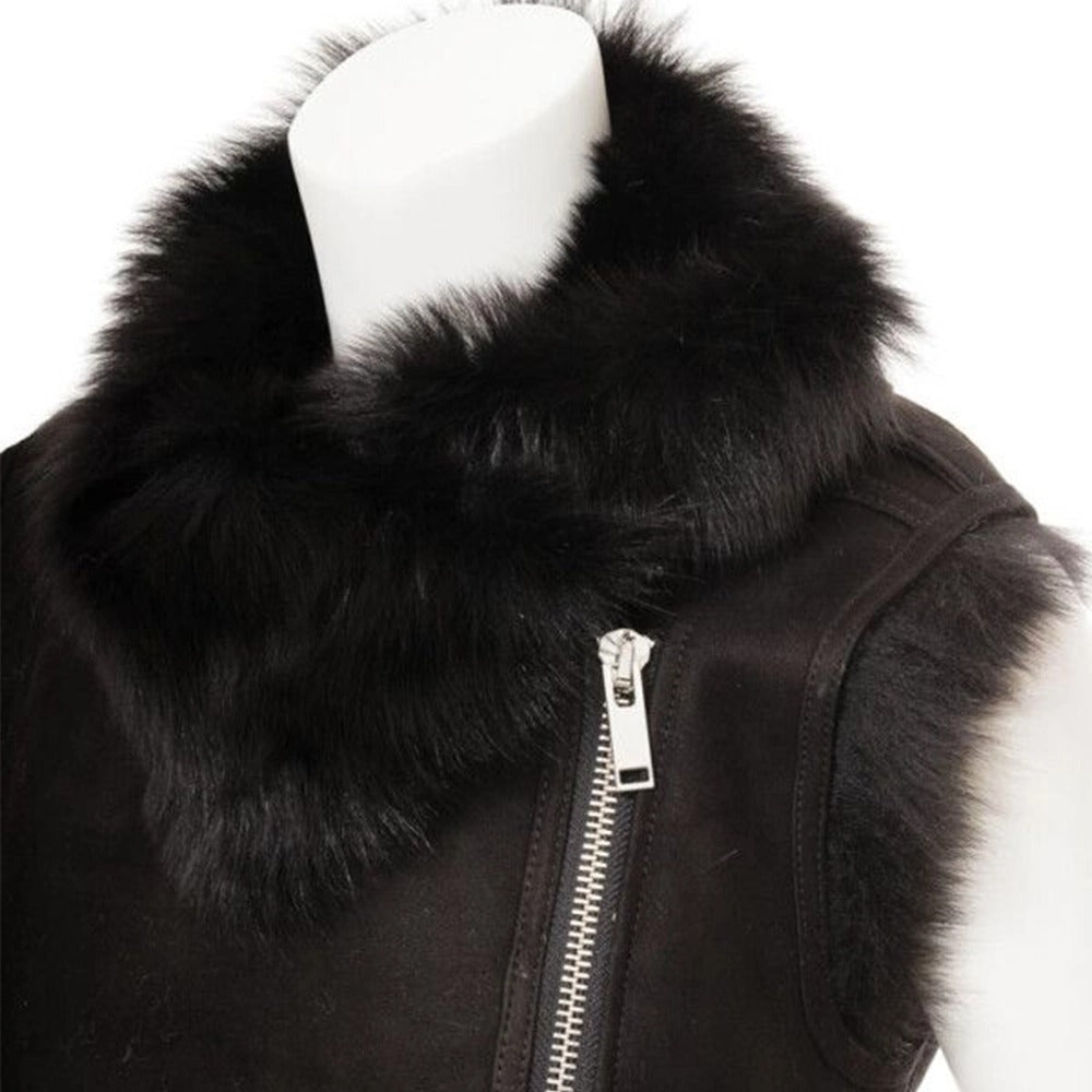 Women's Black Toscana Shearling Leather Vest Leathers Crafted