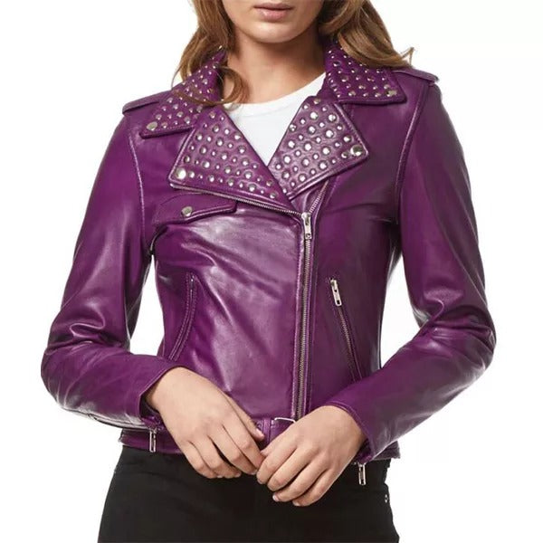 Rockstar Ladies Purple Studded Rock Chic Biker Leather Jacket Leathers Crafted