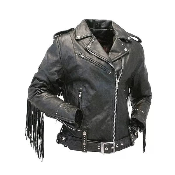 Women’s Motorcycle Black Fringe Leather Jacket Leathers Crafted