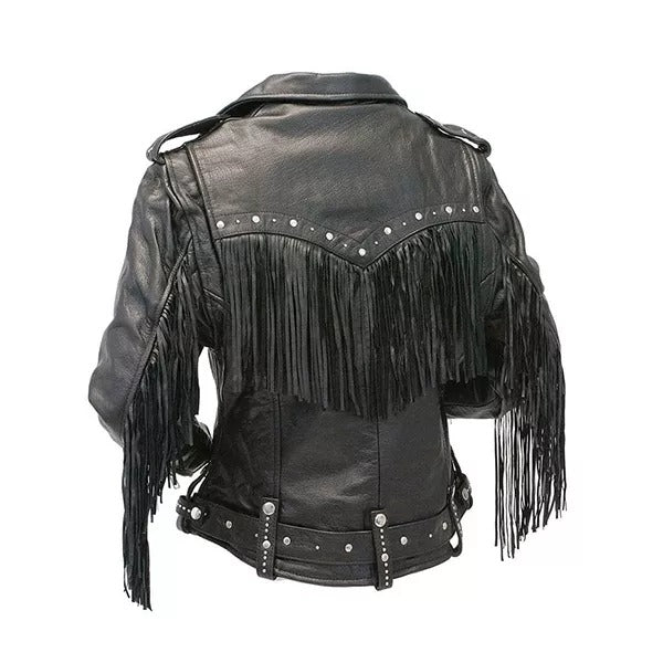 Women’s Motorcycle Black Fringe Leather Jacket Leathers Crafted