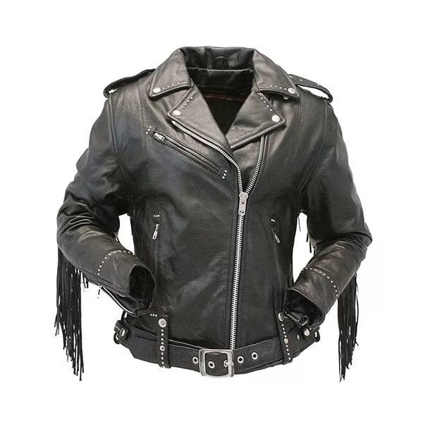 Women’s Motorcycle Black Fringe Leather Jacket Leathers Crafted