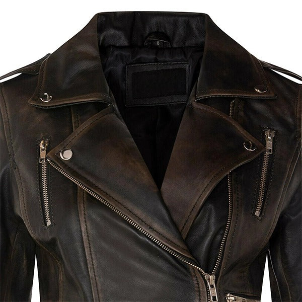 Vintage Brown Women’s Zipper Black Motorcycle Leather Jacket Leathers Crafted