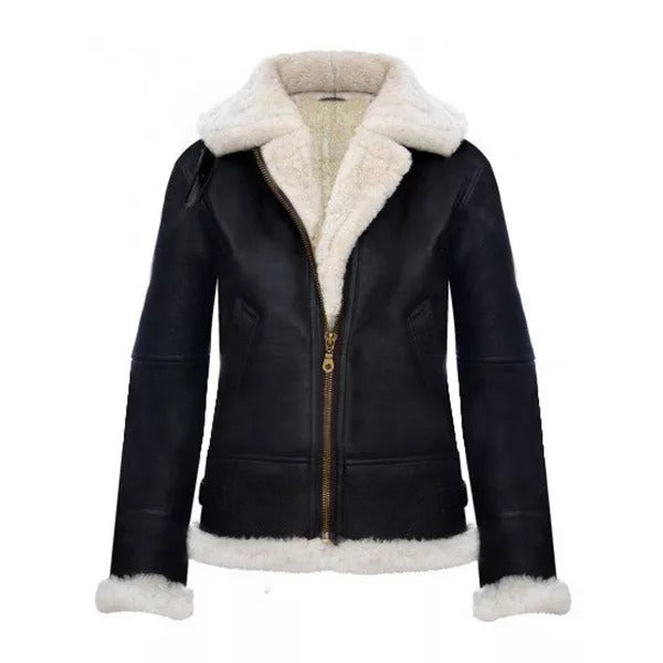 RAF Aviator Flying Pilot Hooded Black Leather Jacket for Women Leathers Crafted