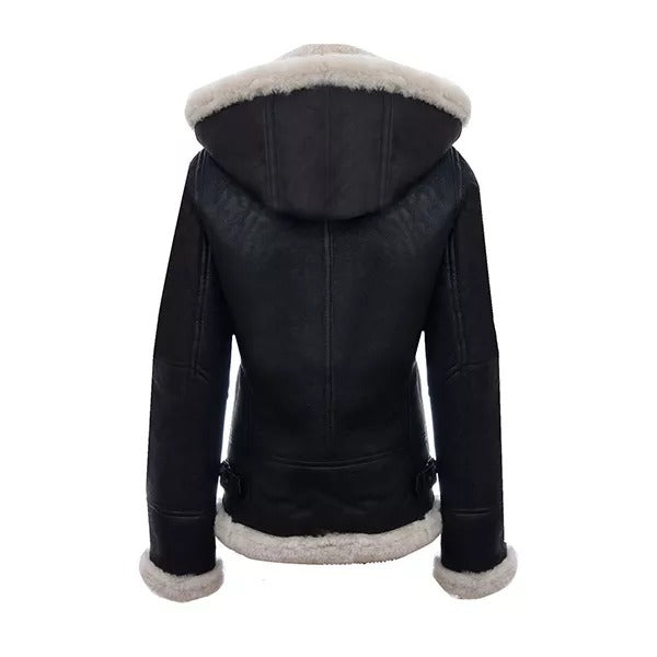 RAF Aviator Flying Pilot Hooded Black Leather Jacket for Women Leathers Crafted