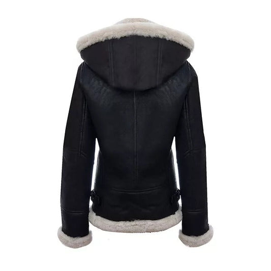 RAF Aviator Flying Pilot Hooded Black Leather Jacket for Women Leathers Crafted