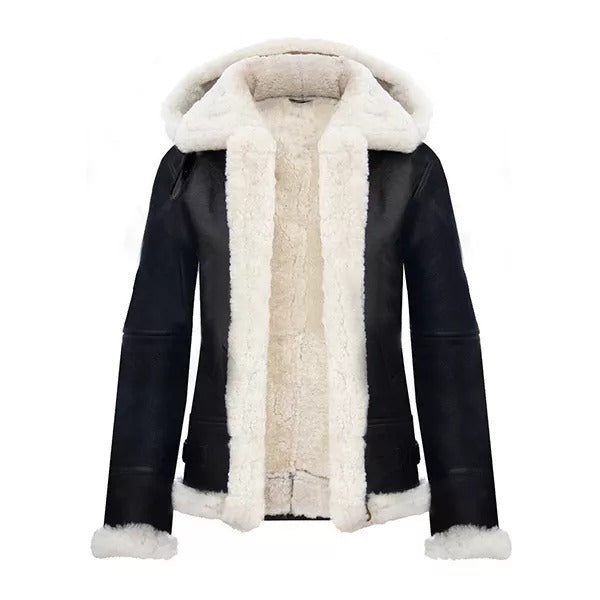 RAF Aviator Flying Pilot Hooded Black Leather Jacket for Women Leathers Crafted