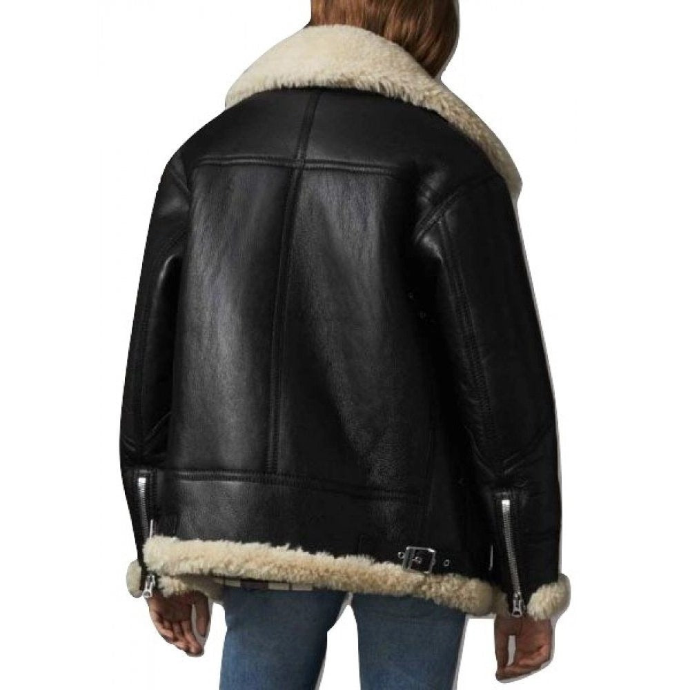 Women’s Ivory Shearling Black Leather Jacket Leathers Crafted