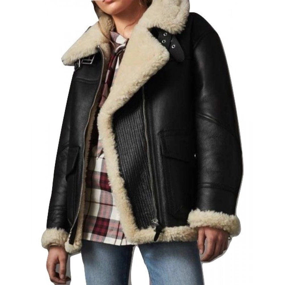 Women’s Ivory Shearling Black Leather Jacket Leathers Crafted