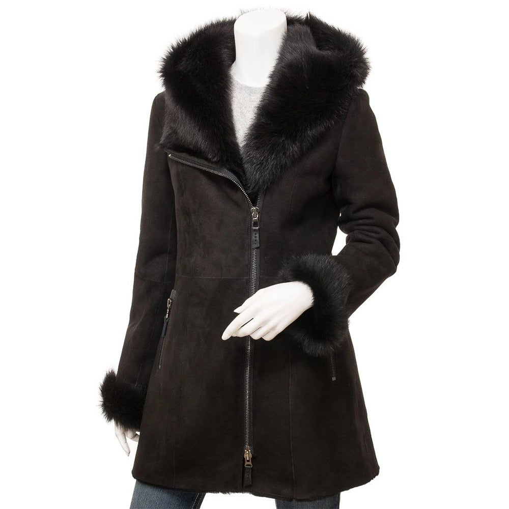 Women’s Black Sheepskin Shearling Parka Leathers Crafted