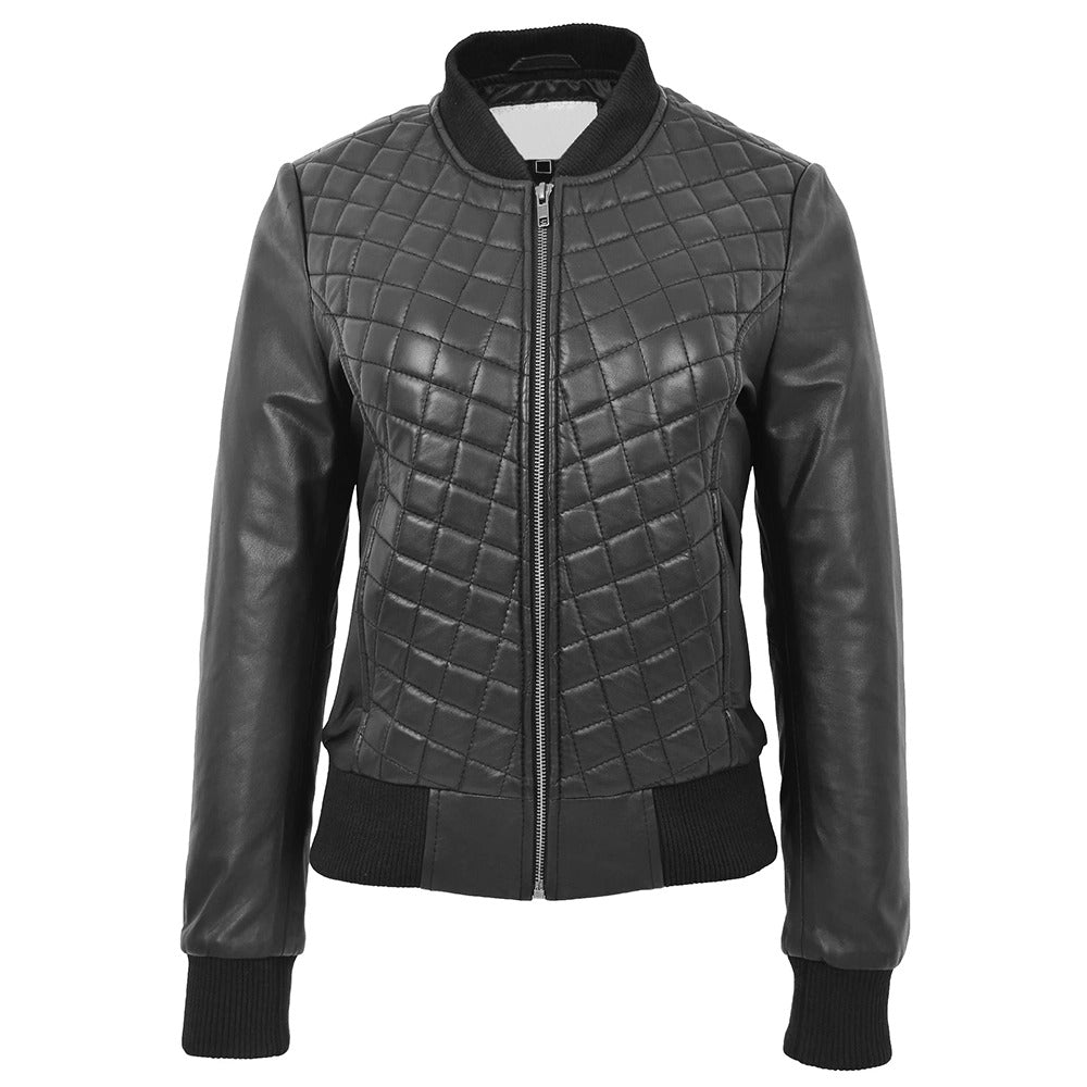Women’s Quilted Black Bomber Leather Jacket Leathers Crafted