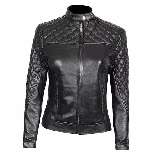 Women’s Black Dimond Quilted Motorcycle Leather Jacket Leathers Crafted