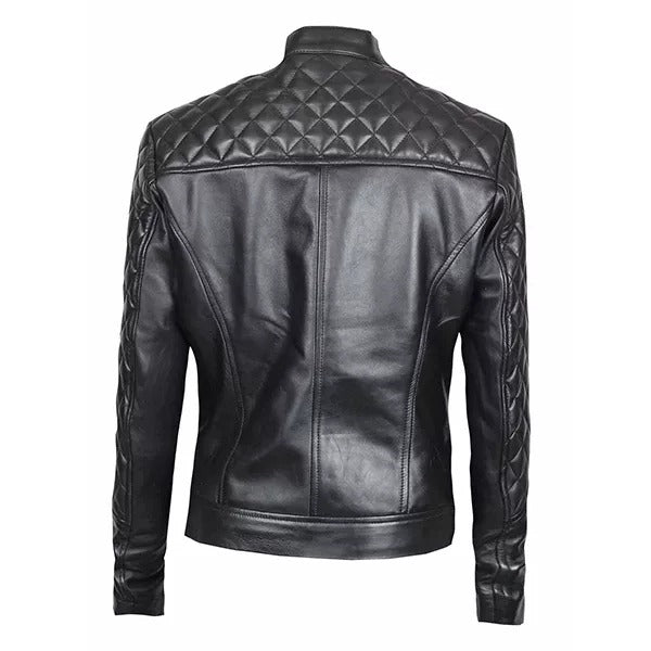 Women’s Black Dimond Quilted Motorcycle Leather Jacket Leathers Crafted