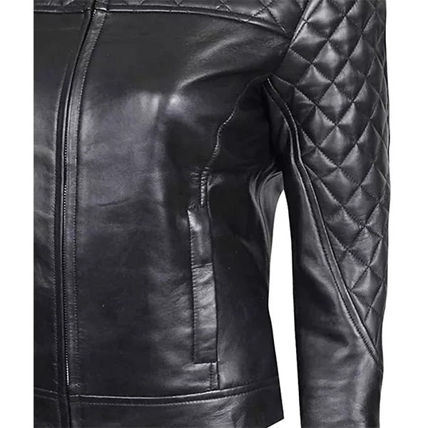 Women’s Black Dimond Quilted Motorcycle Leather Jacket Leathers Crafted