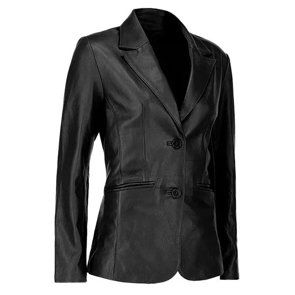 Women's Two-Button Black Leather Blazer Leathers Crafted