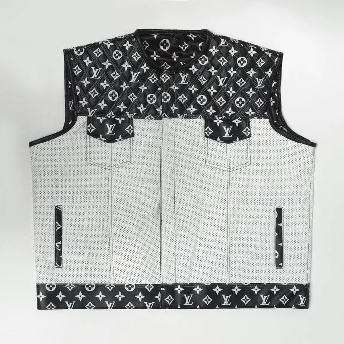 Men's White and Black Paisley Leather Motorcycle Vest Leathers Crafted