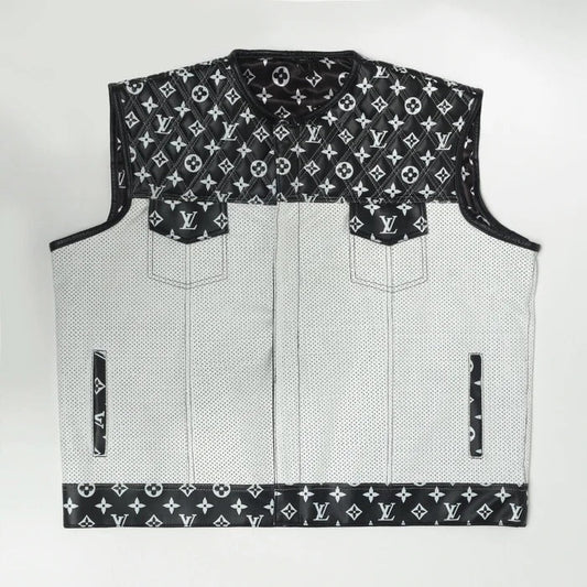 Men's White and Black Paisley Leather Motorcycle Vest Leathers Crafted
