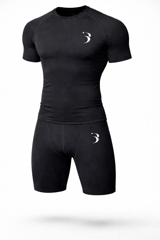 Men's Black compression Base layer set- Short sleeve Gym shirt &  Athletic shorts Bliss Impex