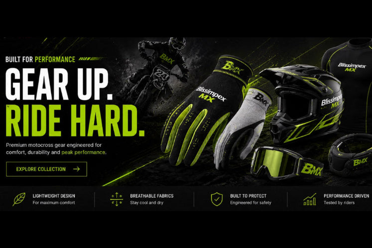 Blissimopx motorcycle gear including helmet, gloves, and goggles on a dark background with promotional text.
