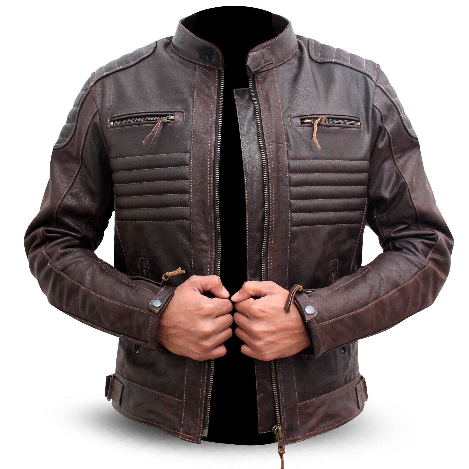 Men's Vintage Brown Leather Biker Jacket – Classic Moto Style with Quilted Detailing Leathers Crafted